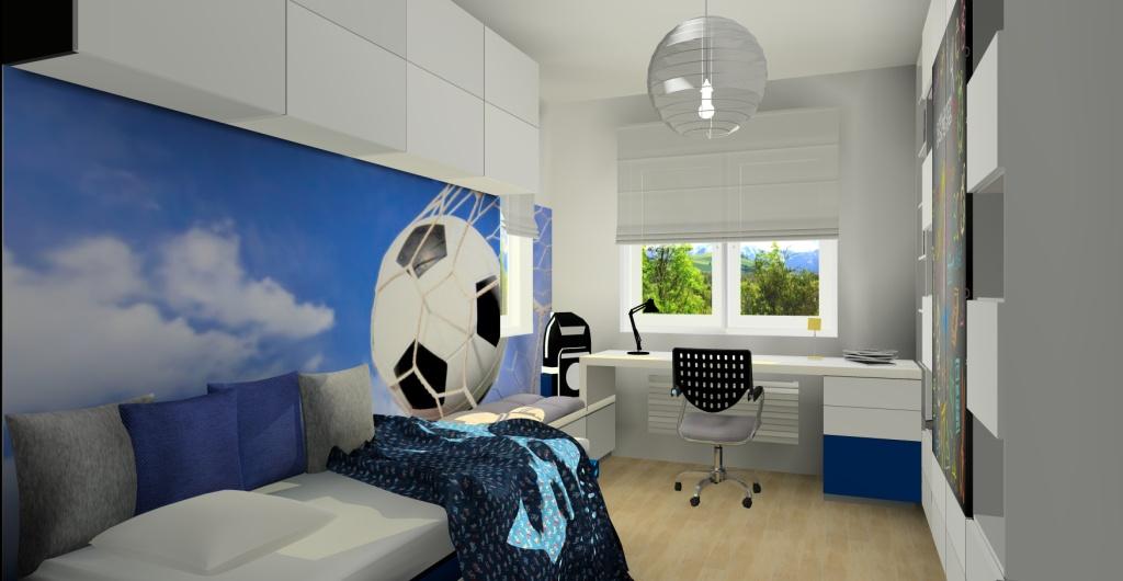 Pokój dla chłopca, nowoczesny pokój dla nastolatka, fototapeta nad łózkiem z piłką, szafka pomalowana farbą tablicową, pokój w kolorach biały i niebieski, biurko pod oknem